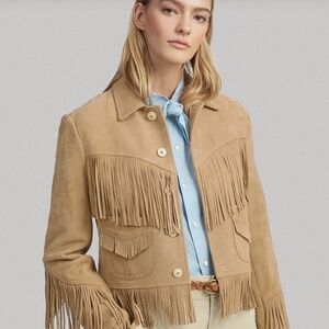 Polo by Ralph Lauren Fringe Trim Suede Western Jacket, Size S, Tan